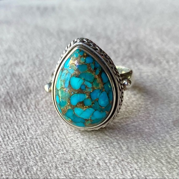 Blue Turquoise Copper Sterling Silver Ring Size 7 - Picture 4 of 10